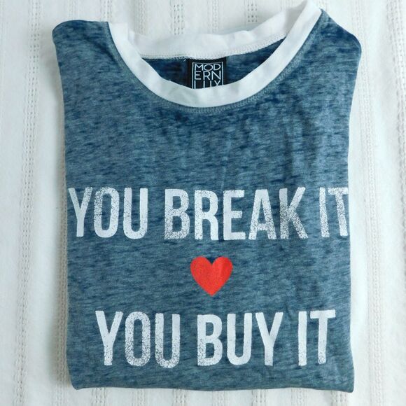 Modern Lux Women's Small Burnout L/S Knit Graphic Tee Blue-Gray Light Weight NWT - Picture 3 of 11